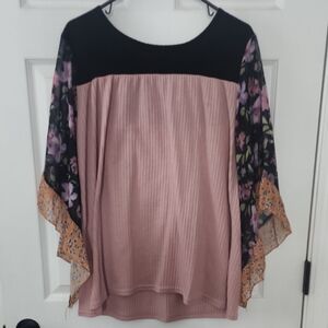 Floral Sleeve Pink and Black Women's Top